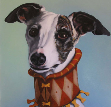 Portrait painting of whippet wearing decorative collar with bones.