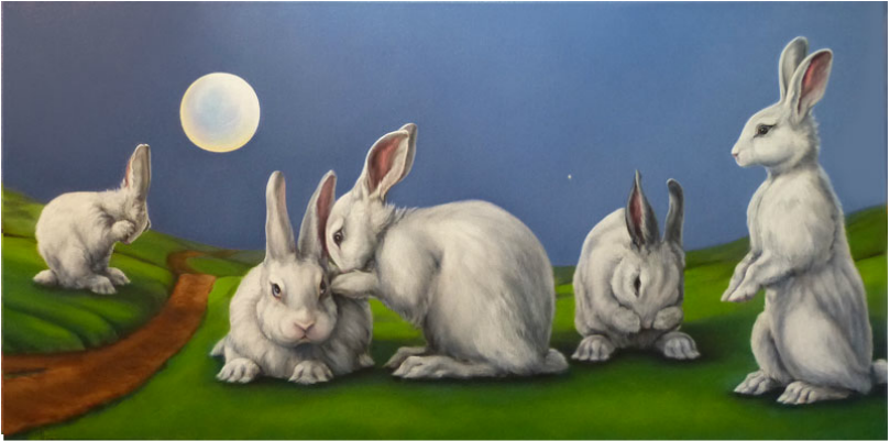 Painting of five white rabbits under full moon.