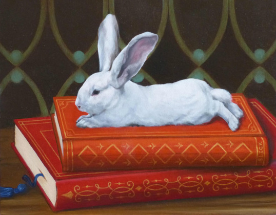Painting of a white rabbit with very large ears lying tummy down atop two red books with gold designs on the backs, a bright blue bookmark with a tassel emerges from the pages of the lower book.  A coppery green and black umber pointed arch design makes the background.