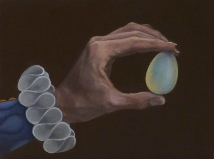  oil painting of a left hand holding a glass egg and ruffled sleeve 