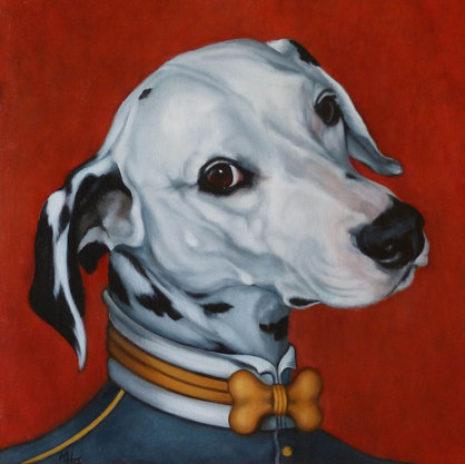 Portrait of Dalmatian dressed in jacket with white collar and a bone tie.