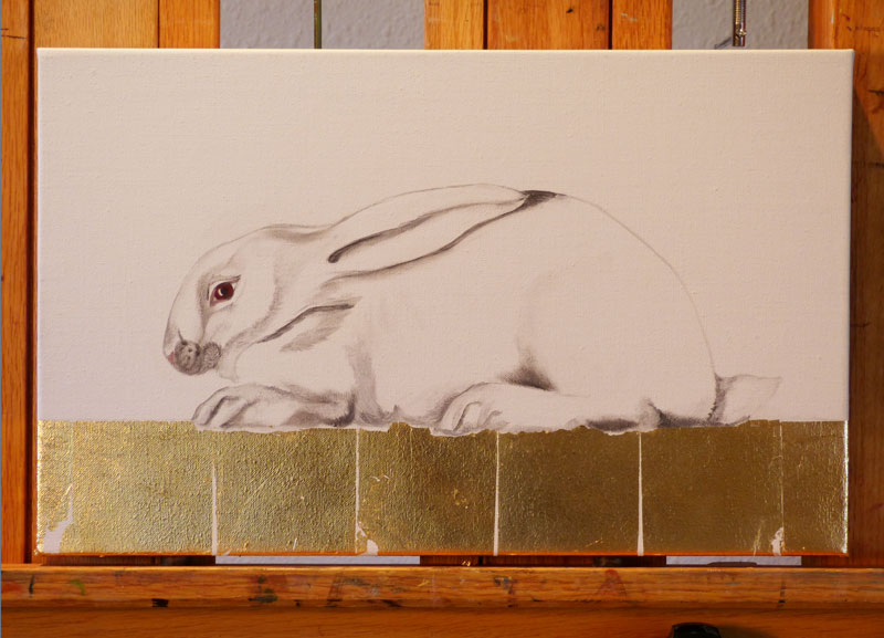 Drawing for painting of white bunny with red eyes.