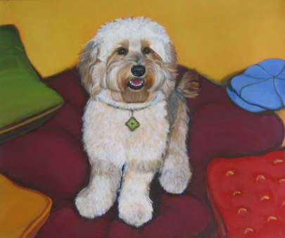 Pet poortrait painting of a blonde Labradoodle sits on a big magenta pillow surrounded by three smaller pillows and a favorite cabbie hat. A tiny pillow dangles in place of a dog license.