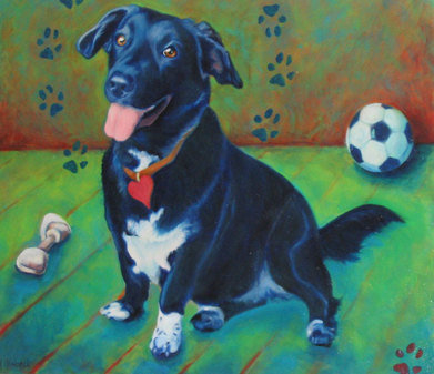 Black dog with white chest painted on green background with bone and soccer ball.