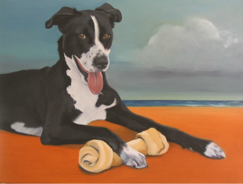 Painting of a black puppy dog with a bone on the beach.
