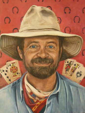 Portrait painting of a bearded man with blue eyes just coming in from a horseback ride, he is wearing a levi shirt and a scarf around his neck, a hat that is not a cowboy hat, this man is a poker player and above his shoulders a royal flush in playing cards faces the viewer, a muddy red background is decorated with horseshoe shapes