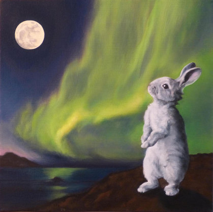 Painting of a white baby bunny standing on his hind legs on a hill in front of an ocean inlet, the moon is full, lime green northern lights appear in the night sky, reflecting on the water below.
