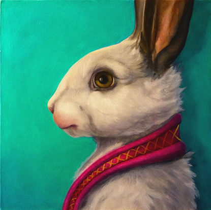 Painting of white bunny with bright collar
