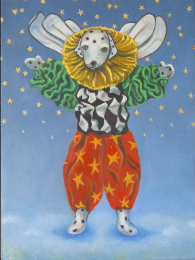 Inspired by a Christmas ornament, this little painting is of a puppet like Dalmatian standing on clouds with gold stars sprinkled over the upper part of the blue sky.  He is wearing red pantaloons with yellow gold stars, a black and white diamon vest with fluffy ruffled green sleeves.  A gold ruffled collar surrounds his head, petal like wings appear behind the collar.  His arms are stretched out sending a big hug. 