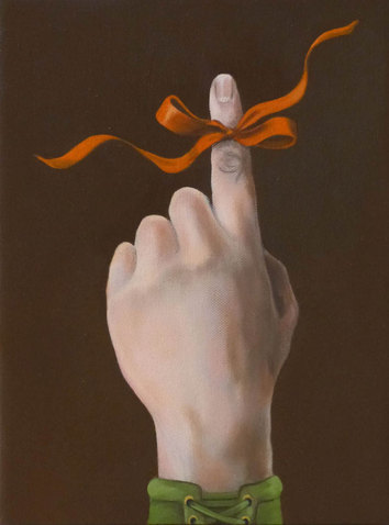 Painting of a hand with orange ribbon on index finger.
