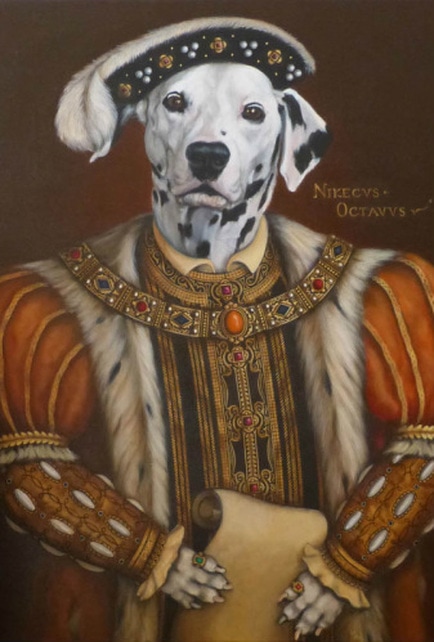 Painting of Dalmatian dressed as Henry the eighth.