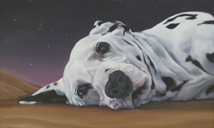 This is a painting of a Dalmatian featuring his face and torso lying on his right side with his ear to the ground on the desert floor.  In the background are some little barren hills along the horizon