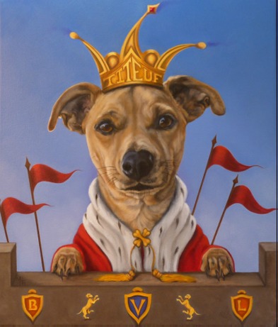 Painting of dog wearing king's crown and robe