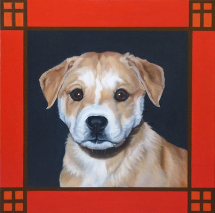 Painting of face and chest of puppy surrounded by red frame