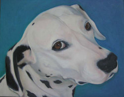 Dalmatian's face painted on blue background.