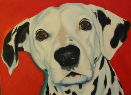  Portrait of Dalmatian painted on red background.
