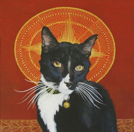 Black and white cat,  portrait featuring huge white whiskers, an oval gold halo behind head.