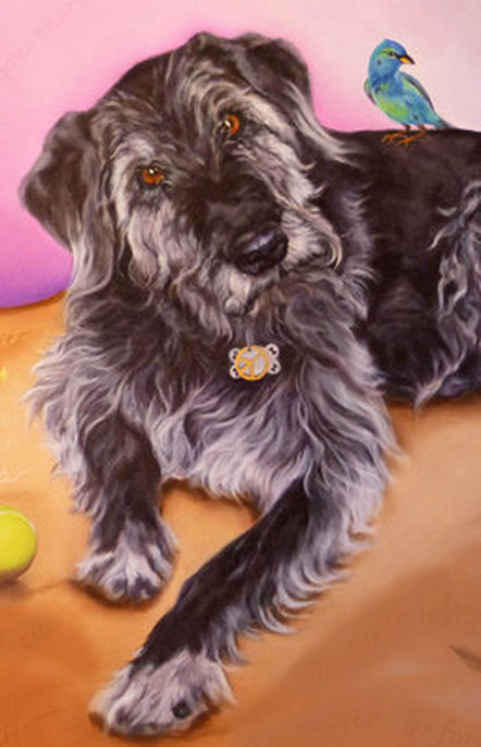 Painting of a large older black terrier turning gray, he is surrounded by three songbirds, detail.