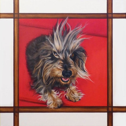 Painting of a wire haired dachshund with extremely long spiky hair on red background.