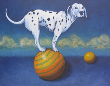 Painting of Dalmatian standing on ball with cloudy background.