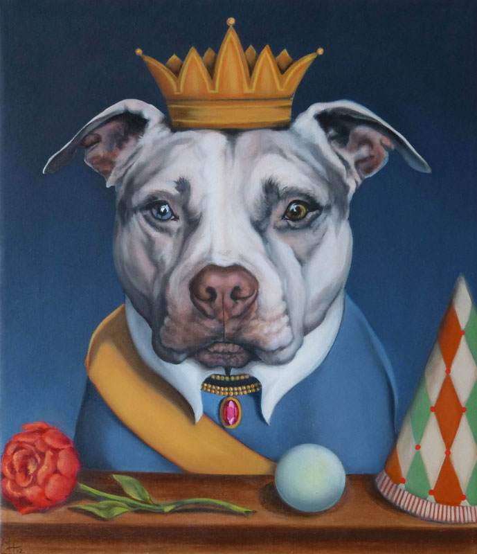 Painting of a white Staffordshire Terrier wearing a gold crown.