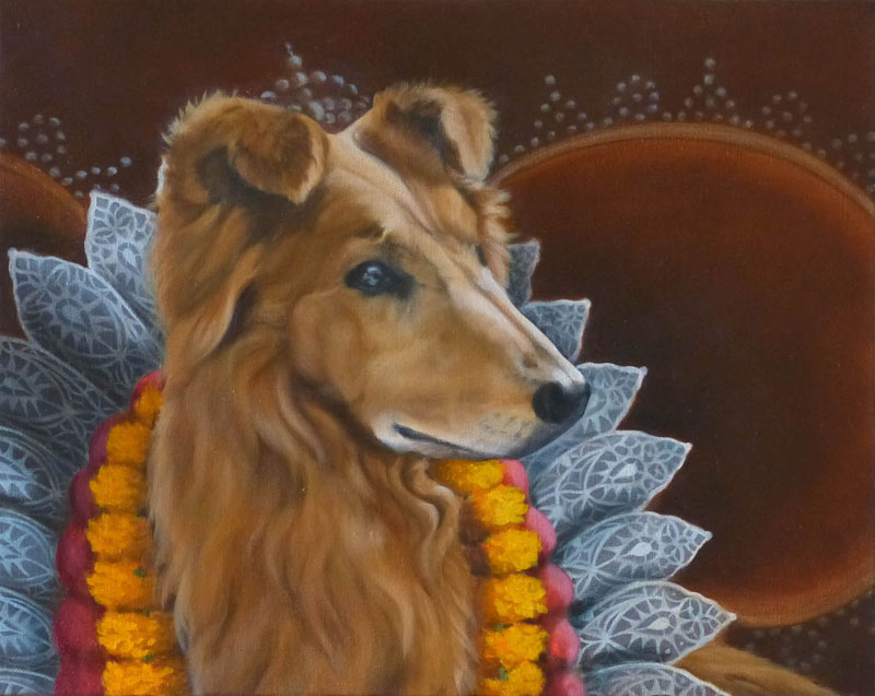 Painting of a shaggy haired brown dog with ears perked up but folding over midway, face and chest surrounded by victorian lace, marigolds and royal wings as worn by Queen Elizabeth.
